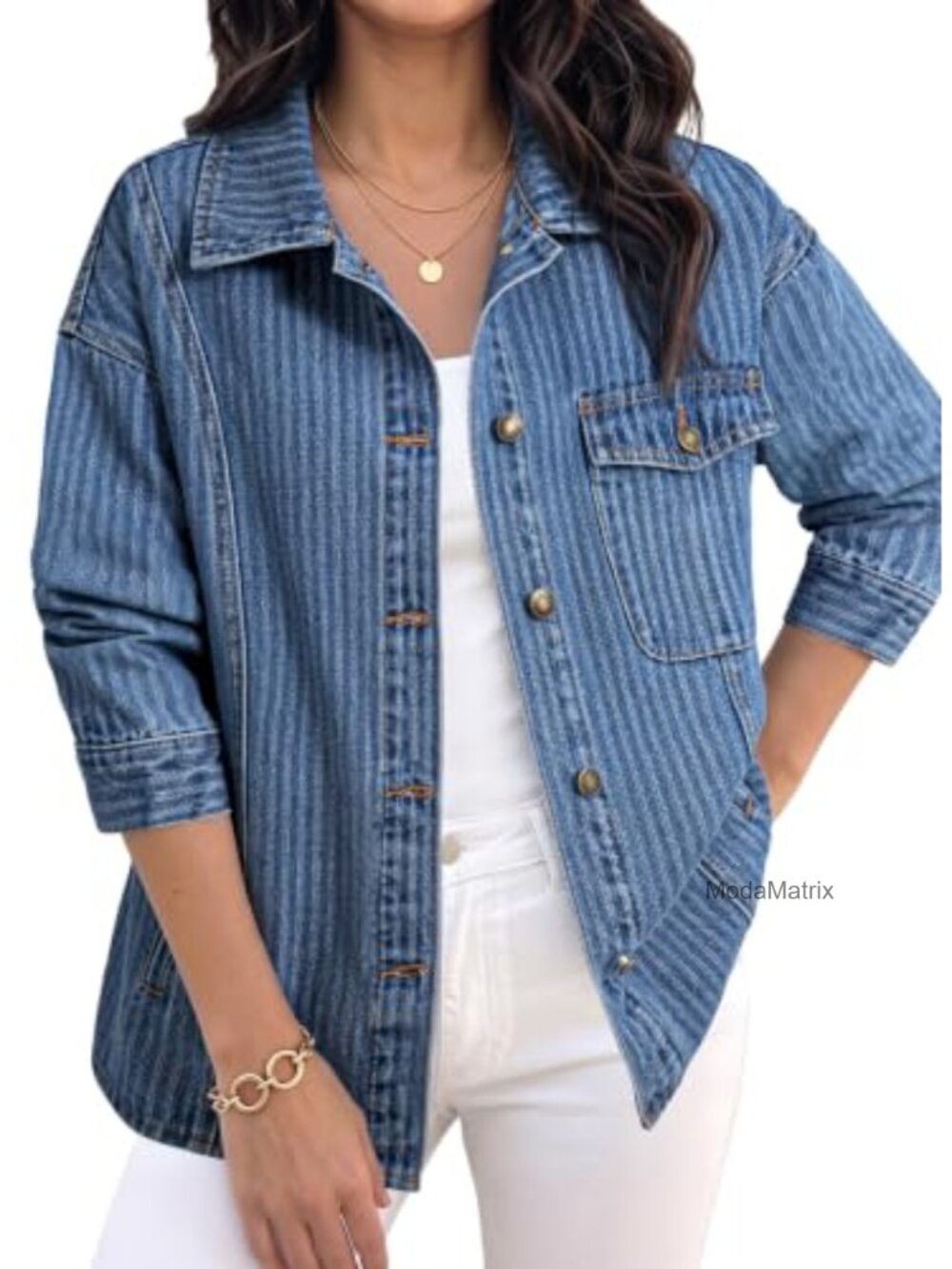 Striped Cotton Denim Jacket Button Down Shacket Women